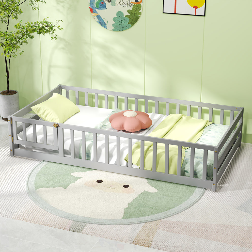 COSTWAY Twin Size Floor Bed with Door & Fence with Safety Guardrails & Slats Support