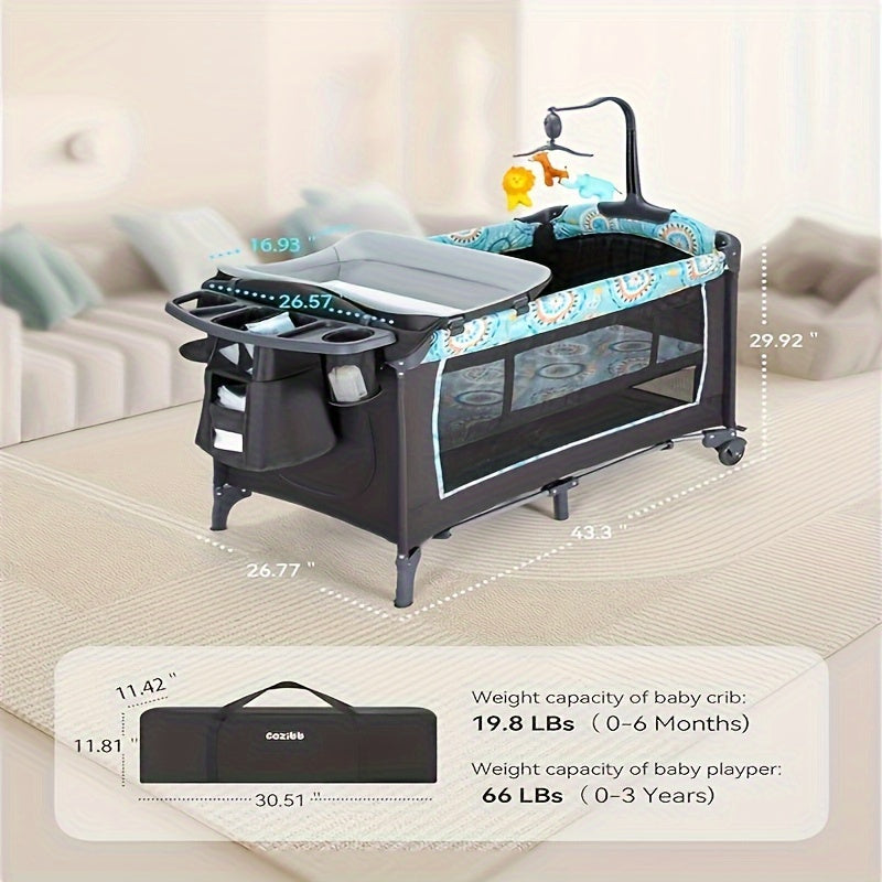 Rengue CZ-BB01 Multifunctional Folding Bed - Modern Blue Nursery Furniture with Safety Straps, High-Quality Material & Easy Assembly, Portable & Stable Design for Toddlers, Crib for, Nursery Decor, Crib, Elegant Nursery Decor, Easyclean Material, Rengue