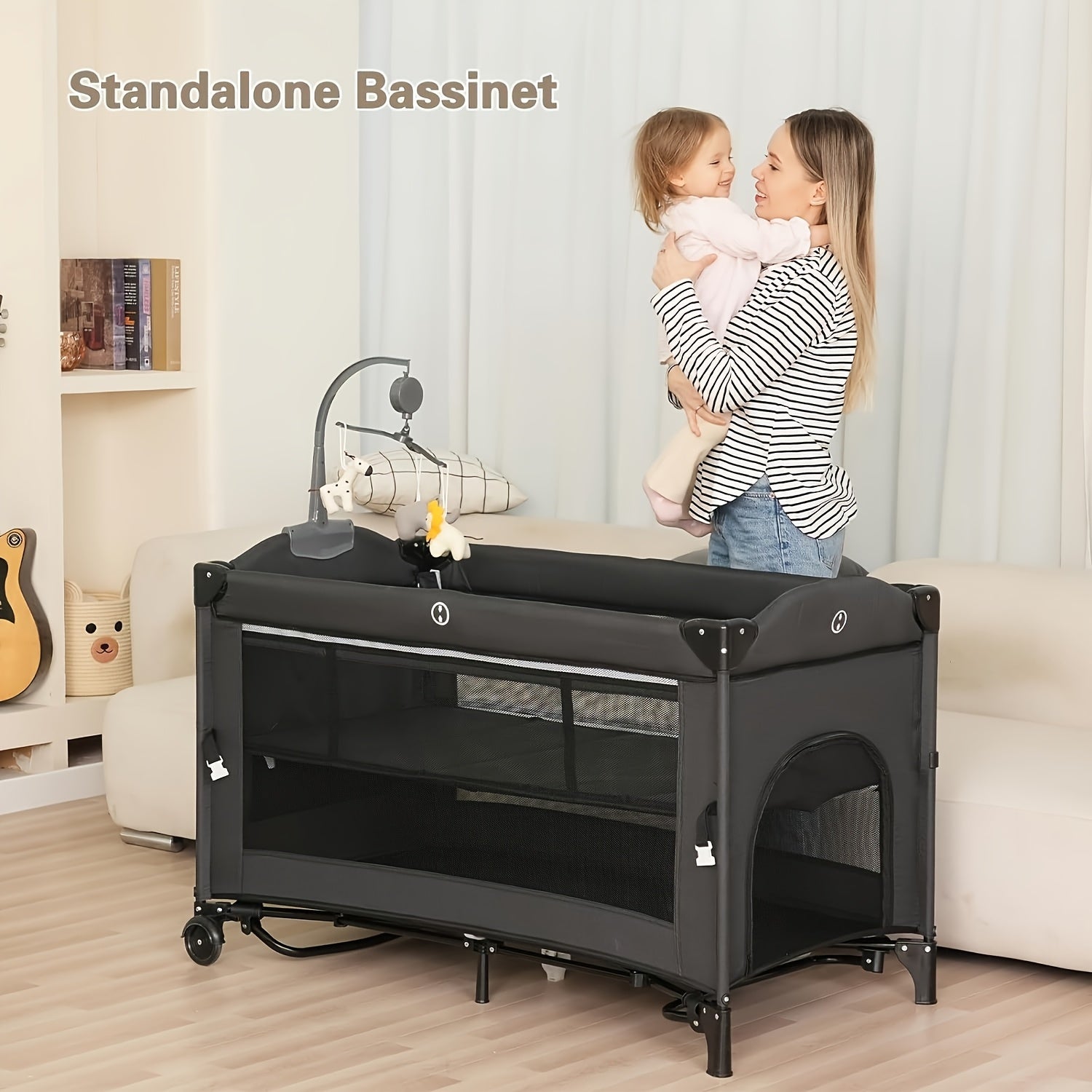 5 in 1 Baby Bassinet Beside Sleeper, Pack and Play Bassinet, Beside Sleeper for Newborn to Toddlers, Multifunction Portable Playard with Bassinet Crib, Soft Toys, Waterproof Sheet, Diaper Changer. As Halloween, Chrismas Gift (Black)