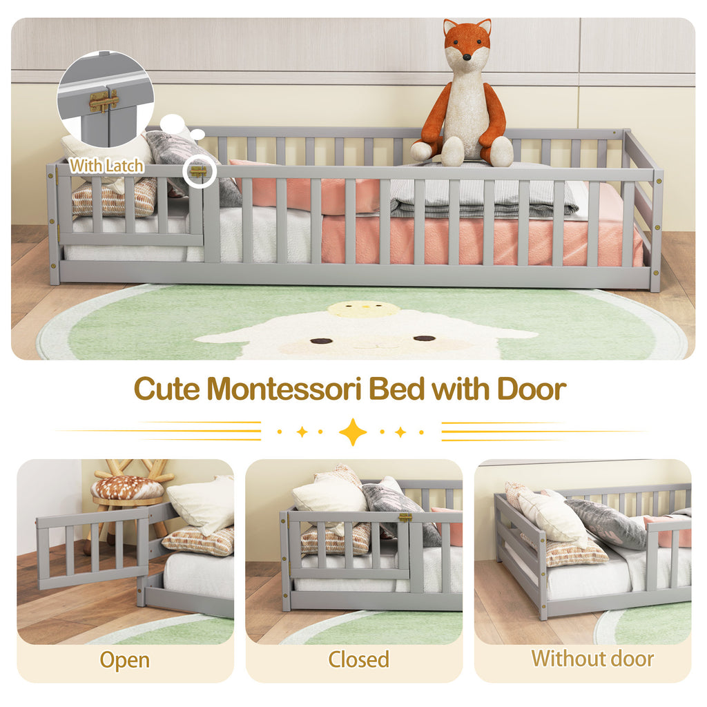 COSTWAY Twin Size Floor Bed with Door & Fence with Safety Guardrails & Slats Support