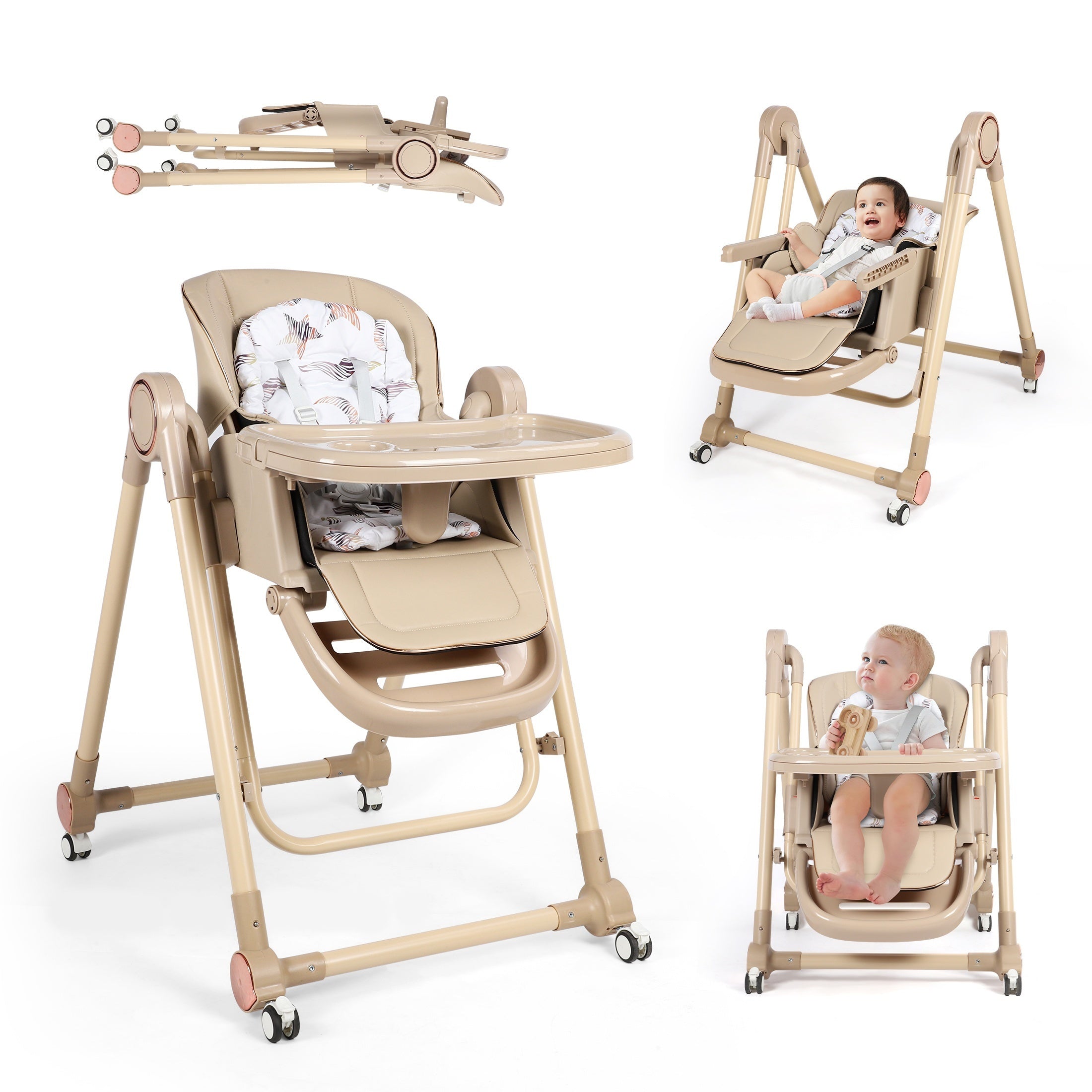 Baby High Chair, 3 Modes High Chair With Wheels, Adjustable Height, Recline & Footrest, With 6 Growing Stages From Infant To Toddler Seating, Lightweight Portable Baby High Chair, Convenient For Dining Time - Grey & Brown