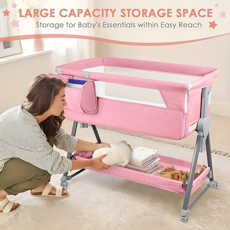 SLENDOR 7-Height Adjustable Bassinet with Wheels & Mattress - Portable Baby Sleeper with Large Storage Bag, Easy Assembly, Durable Fabric for Newborns & Infants, Grey\u002FPink, Infant Comfort Care, Modern Baby Bed, Sturdy Frame Construction