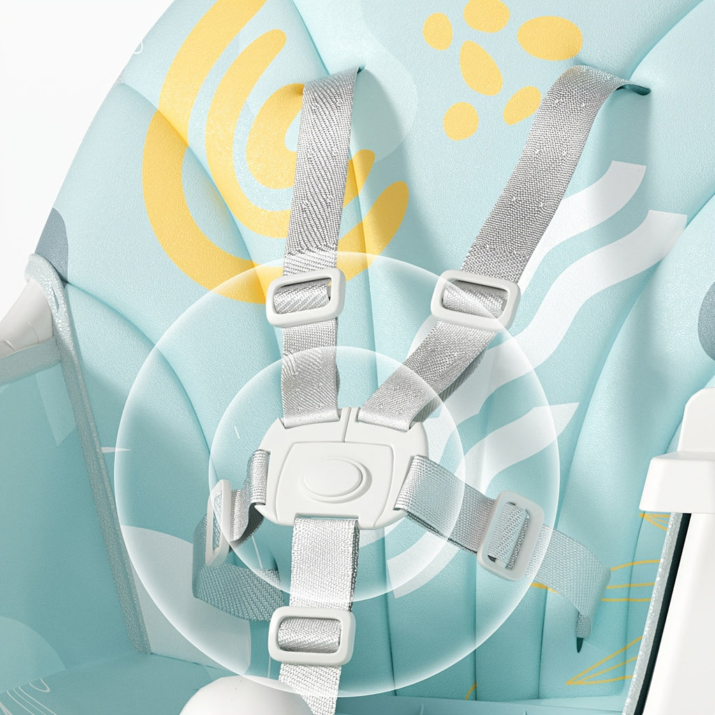 1pc Adjustable Youngsters' Dining Chair - Multi-Functional, Portable, PU Leather, Blue & White Pattern, 5-Point Harness, Tray Included, Perfect for Home Use