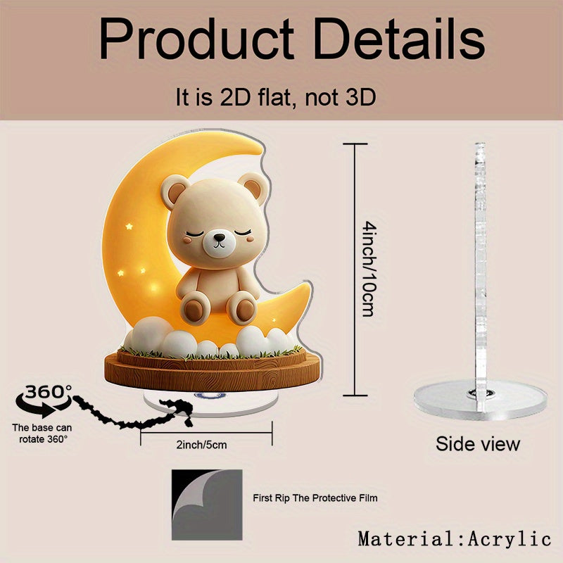 2D Flat, 2D Flat Rotatable Acrylic Bear on Moon Night Light - Cute Cartoon Bear Design with Stars & Clouds, Nursery Nursette Decor, Baby Shower Gift, No Electricity Needed, Bear Nursery Decor, 2D Flat