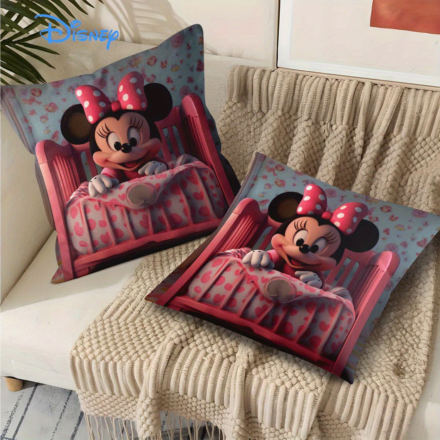 1pc Minnie Mouse Crib Pillow Cover - Double-Sided Print, Soft Polyester, Pink Heart & Polka Dot Design, Zippered, Machine Washable, Ideal for Youngsters & Infants, Decorative Pillow Covers|Cartoon Character Design|Zippered Pillowcase, Pillows for Couch