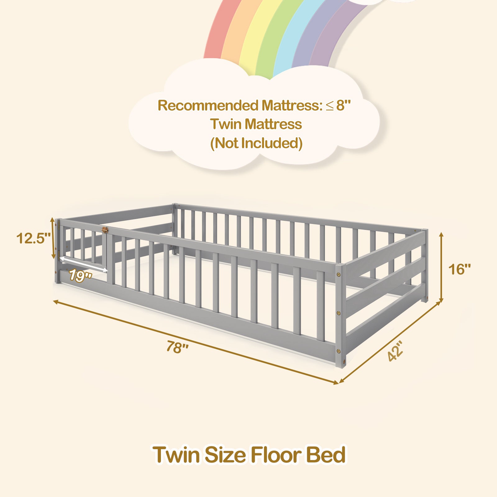 COSTWAY Twin Size Floor Bed with Door & Fence with Safety Guardrails & Slats Support