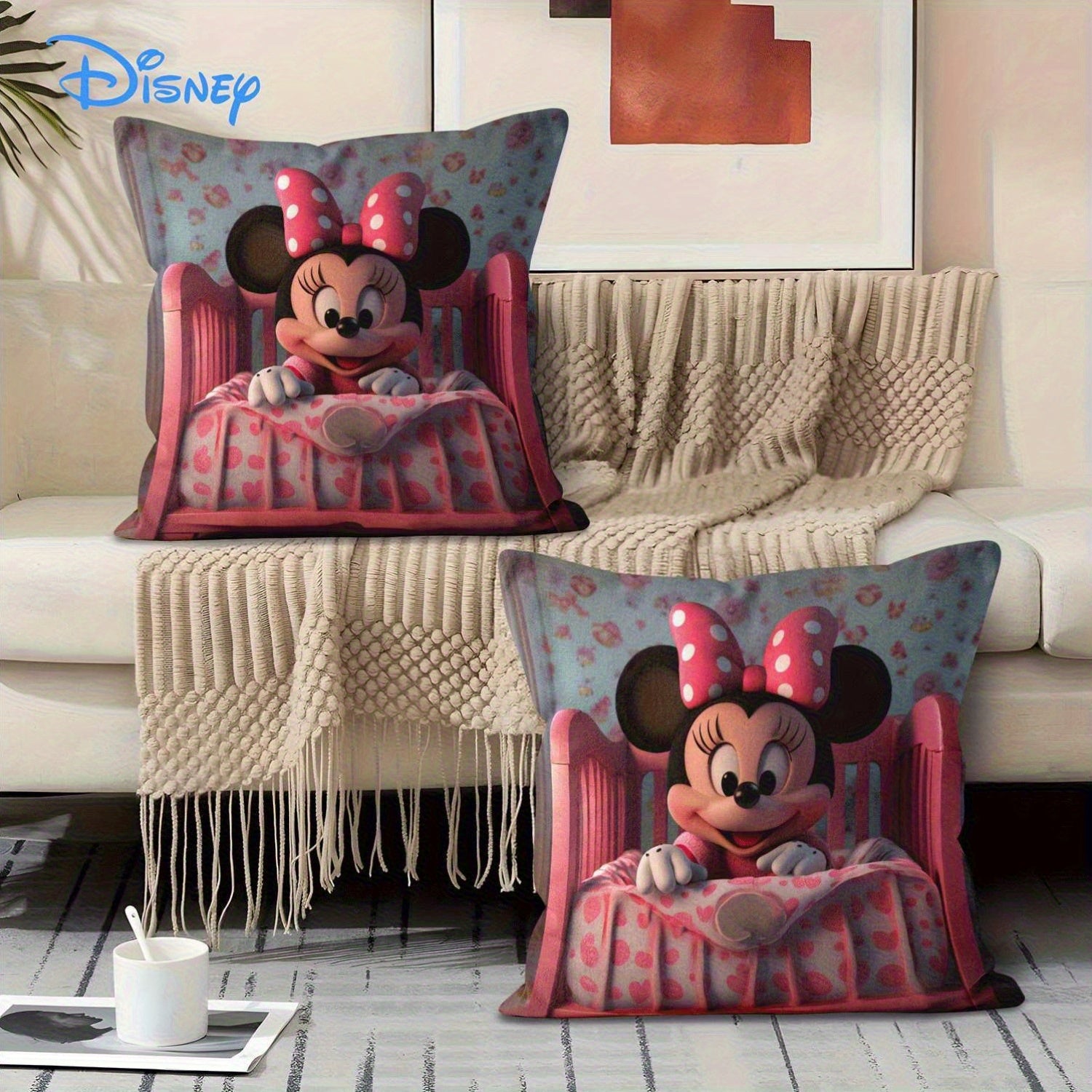 1pc Minnie Mouse Crib Pillow Cover - Double-Sided Print, Soft Polyester, Pink Heart & Polka Dot Design, Zippered, Machine Washable, Ideal for Youngsters & Infants, Decorative Pillow Covers|Cartoon Character Design|Zippered Pillowcase, Pillows for Couch