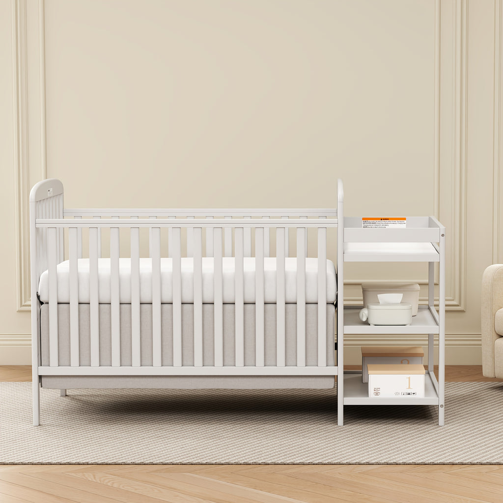 Goldzone Baby Crib, 3-in-1 Convertible Wood Full Size Cribs with Storage Changing Table Combo for Nursery Furniture Newborn Baby Essential Items, 3 Mattress Height Settings
