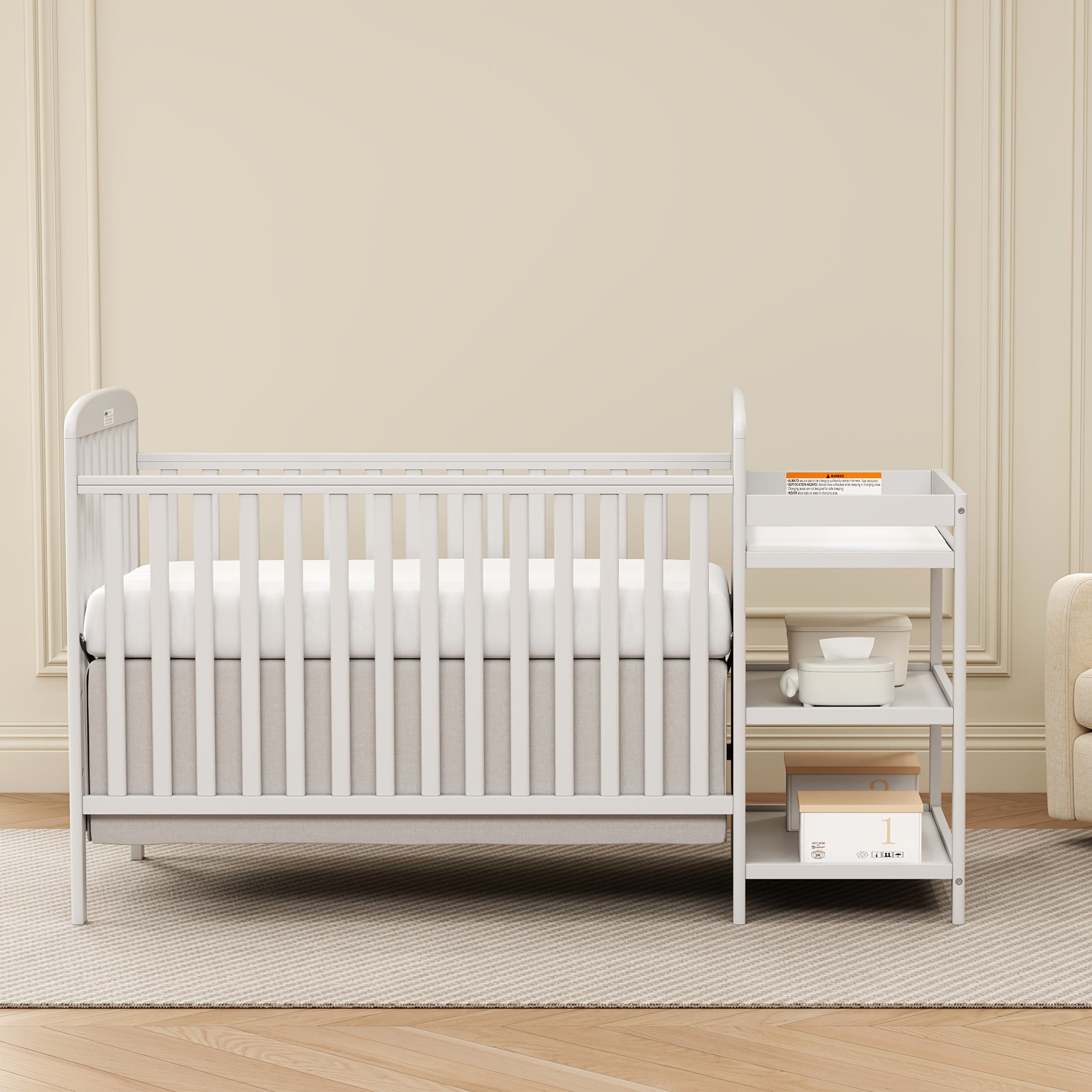 Goldzone Baby Crib, 3-in-1 Convertible Wood Full Size Cribs with Storage Changing Table Combo for Nursery Furniture Newborn Baby Essential Items, 3 Mattress Height Settings