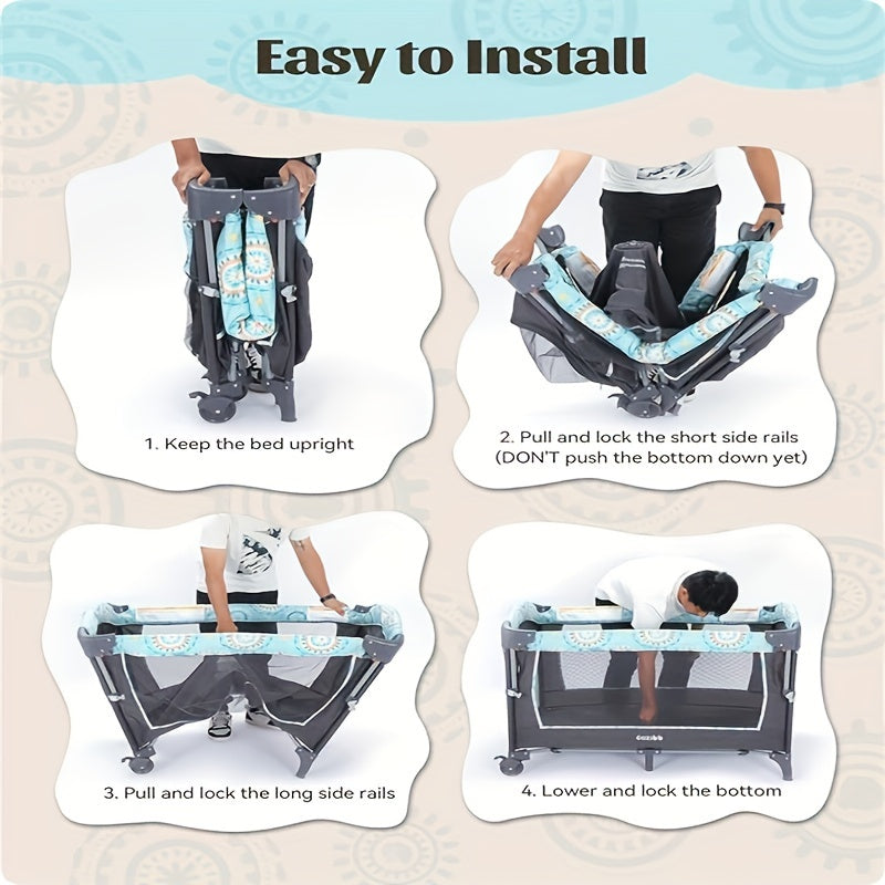 Modern Baby Crib Modern Blue CZ-BB01 Baby Crib with Detachable Changing Table | Pack & Play Portable Playard, 3 Adjustable Heights, Storage Basket & Music, Foldable Nursery Bed for Newborns