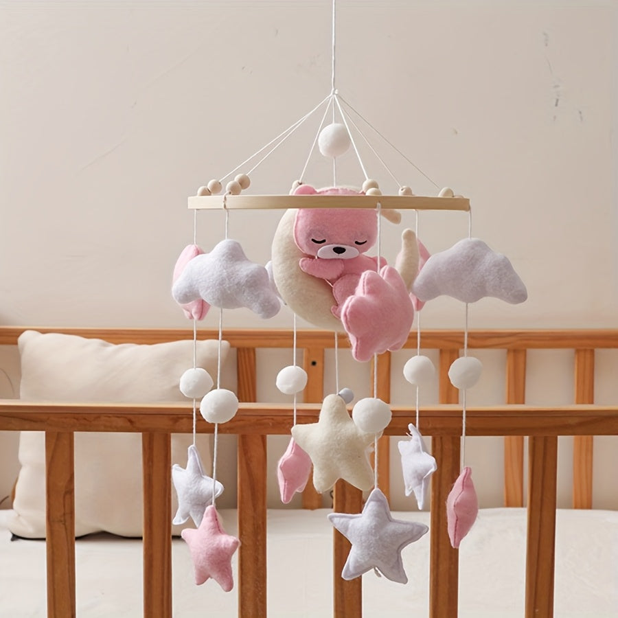 Handmade Felt Mobile Soft Plush Handmade Felt Mobile with Pink Bear & Clouds | White Beads & Stars, Lightweight & Durable Nursery Decor | Ideal for Baby Crib, Stroller, Safe Infant Toy, Playful Design