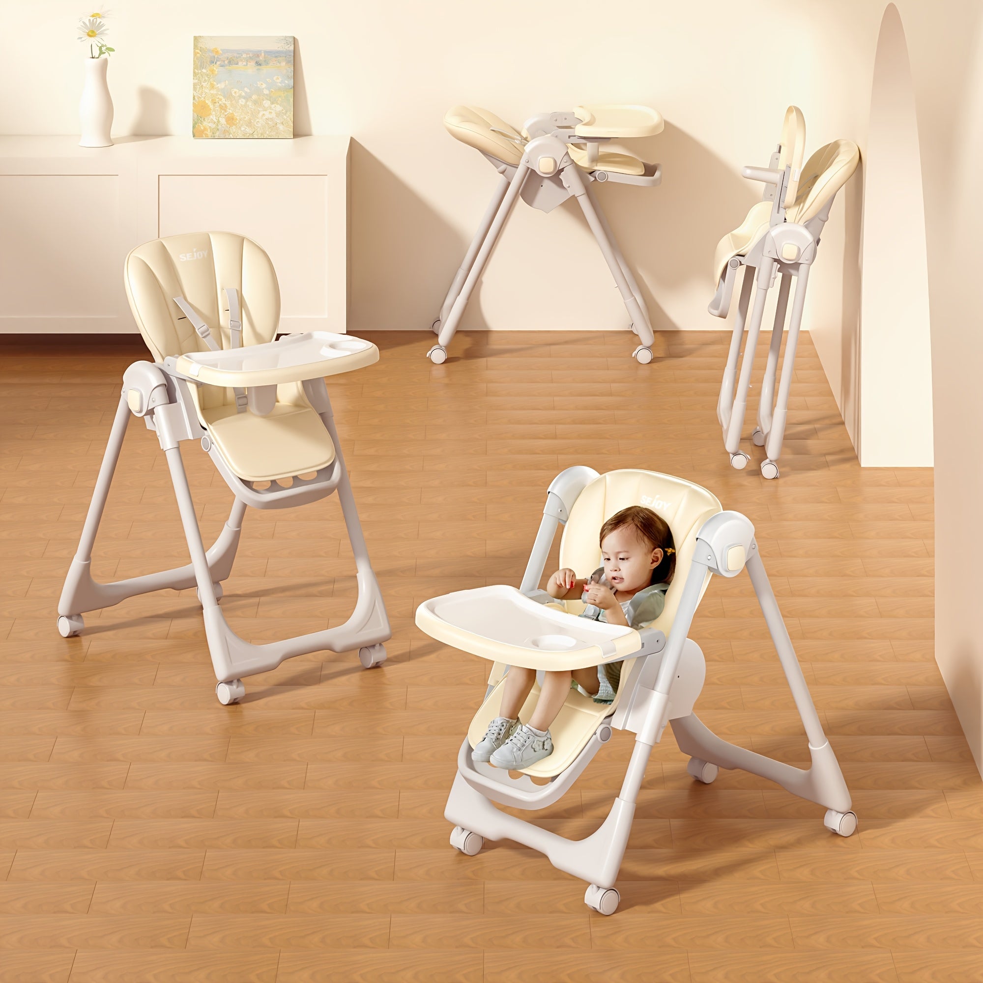 3-In-1 Foldable Baby High Chair with Removable Seat & Tray – Adjustable Height, Recline & Food Tray | Portable Booster Seat for Infants & Toddlers | Compact, Space-Saving Design with Wheels | Easy Storage | Pink