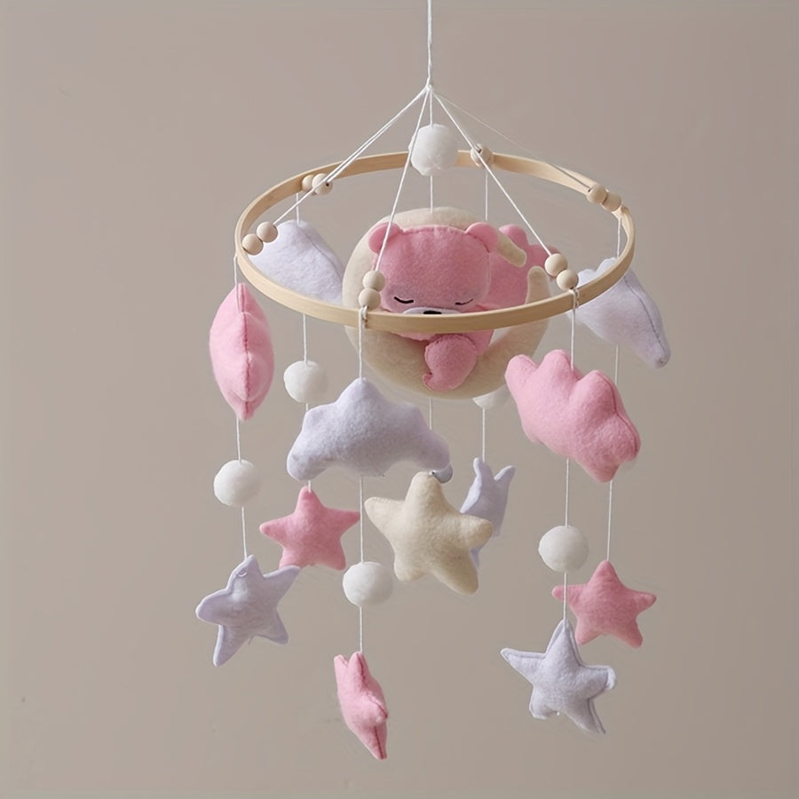 Handmade Felt Mobile Soft Plush Handmade Felt Mobile with Pink Bear & Clouds | White Beads & Stars, Lightweight & Durable Nursery Decor | Ideal for Baby Crib, Stroller, Safe Infant Toy, Playful Design