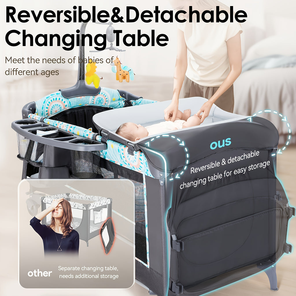 The 5-In-1 Portable Bassinet And Side Bed Features a Detachable Changing Table, Mattress, Storage Shelf, Music Player, And Three Height Settings, Providing a Spacious Playpen for Your Baby. Makes a Great Birthday Or Holiday Gift.