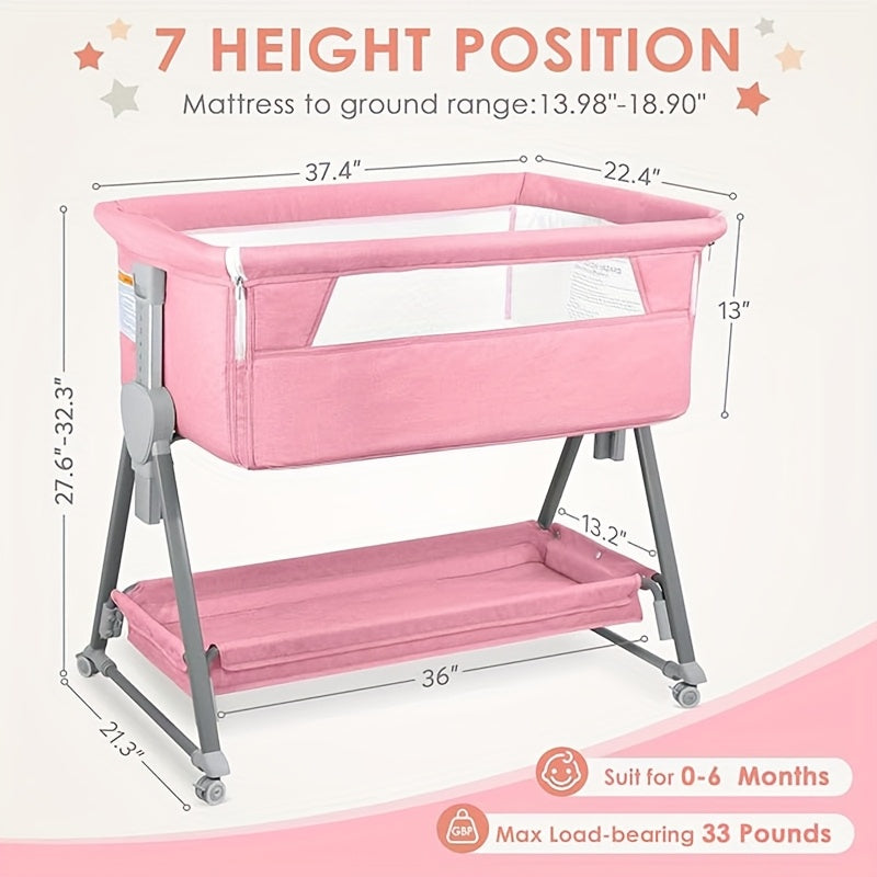 SLENDOR 7-Height Adjustable Bassinet with Wheels & Mattress - Portable Baby Sleeper with Large Storage Bag, Easy Assembly, Durable Fabric for Newborns & Infants, Grey\u002FPink, Infant Comfort Care, Modern Baby Bed, Sturdy Frame Construction