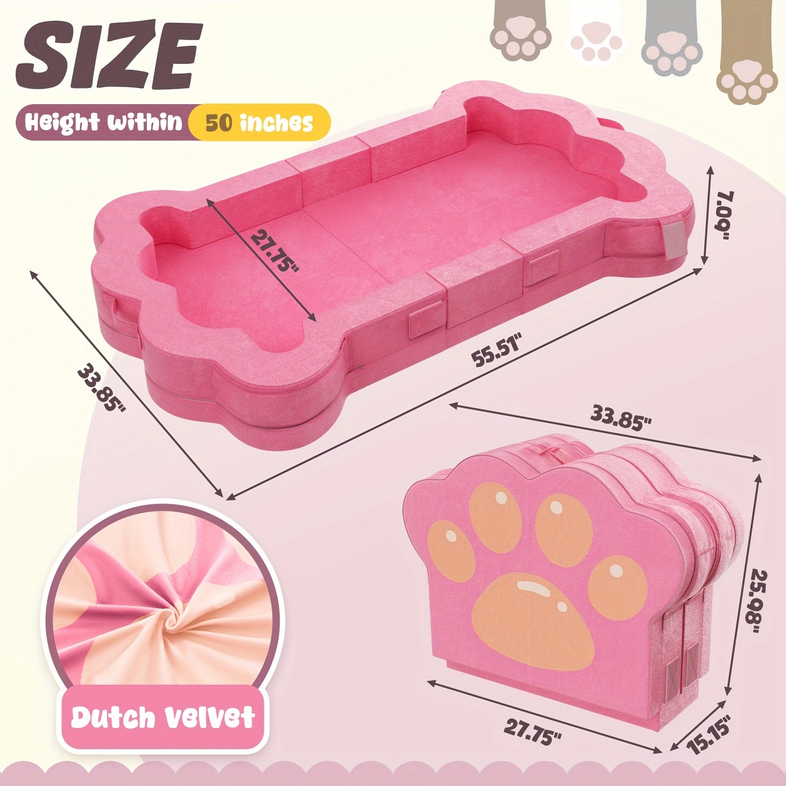 Kids Travel Bed with Paw Print Design - Lightweight Foam, No Assembly Needed, 55.5x28 Inch, Pink, Perfect for Indoor & Outdoor Use, Ages 1-5 Years, Indoor Play Area, Playful Paw Print, Easy Assembly Bed