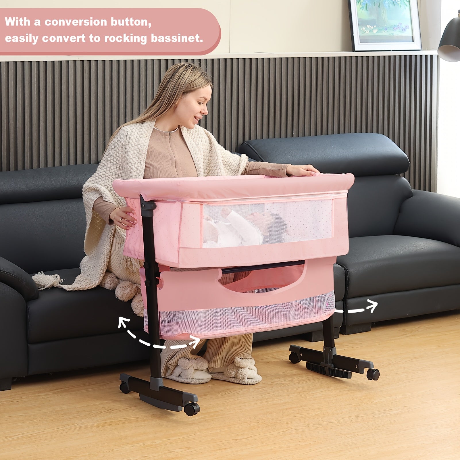 Newborn Necessities, Baby Shower Gifts, 3-in-1 Baby Bassinet Bedside Bed, Baby Headboard Bassinet with Wheels And Storage Basket, Full Mesh And Adjustable Height Headboard Crib Essential Items for Newborns 0-6 Months