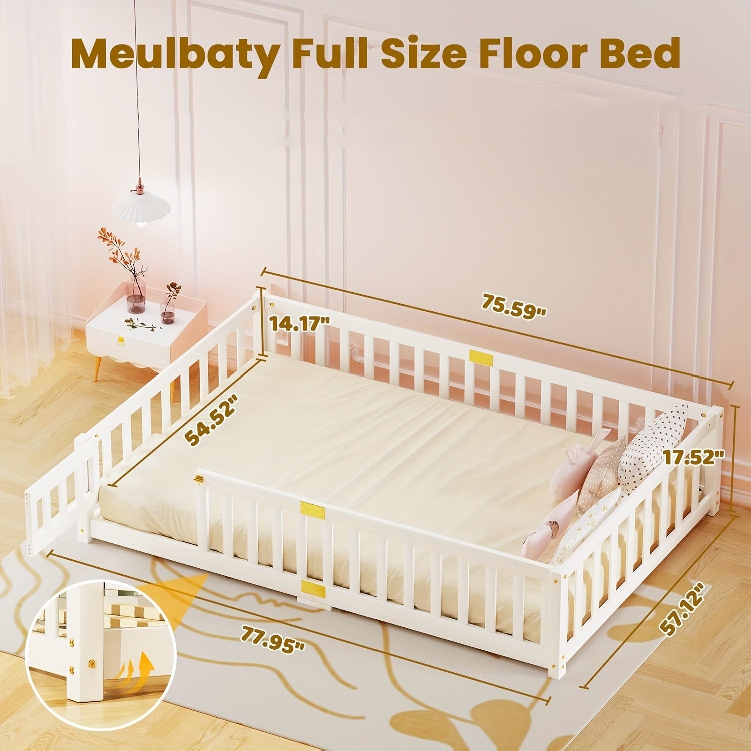 MOPHOTO Montessori Toddler Floor Bed With Safety Rails & Lockable Door - Full Size Kids Bed Frame For 1-3 Years Old, Natural Wood Child Bed For Safe Sleep & Independence Without Mattress