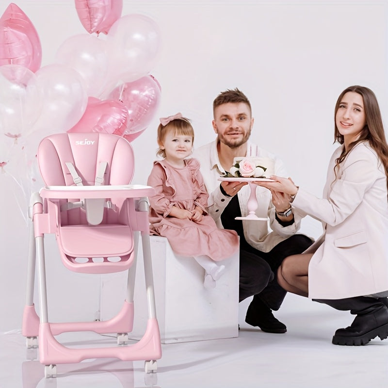 3-In-1 Foldable Baby High Chair with Removable Seat & Tray – Adjustable Height, Recline & Food Tray | Portable Booster Seat for Infants & Toddlers | Compact, Space-Saving Design with Wheels | Easy Storage | Pink