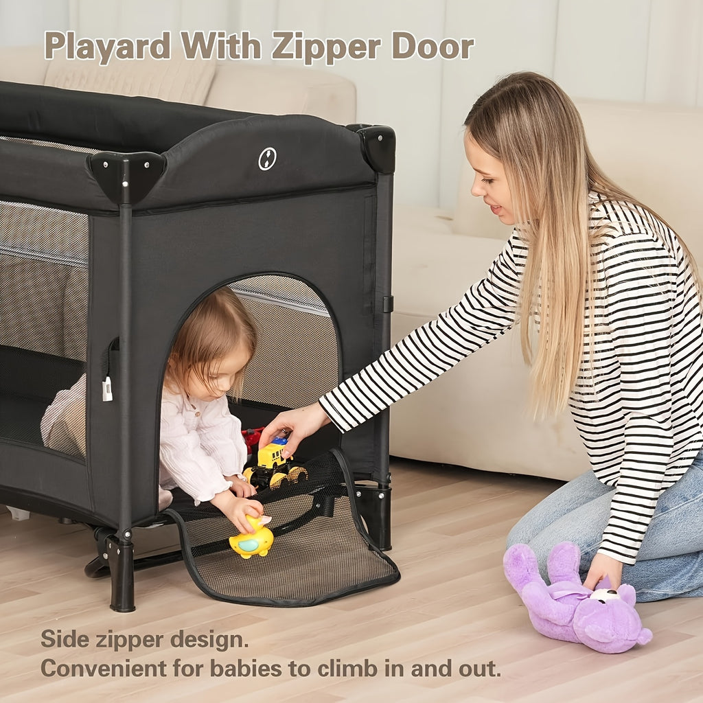 5 in 1 Baby Bassinet Beside Sleeper, Pack and Play Bassinet, Beside Sleeper for Newborn to Toddlers, Multifunction Portable Playard with Bassinet Crib, Soft Toys, Waterproof Sheet, Diaper Changer. As Halloween, Chrismas Gift (Black)