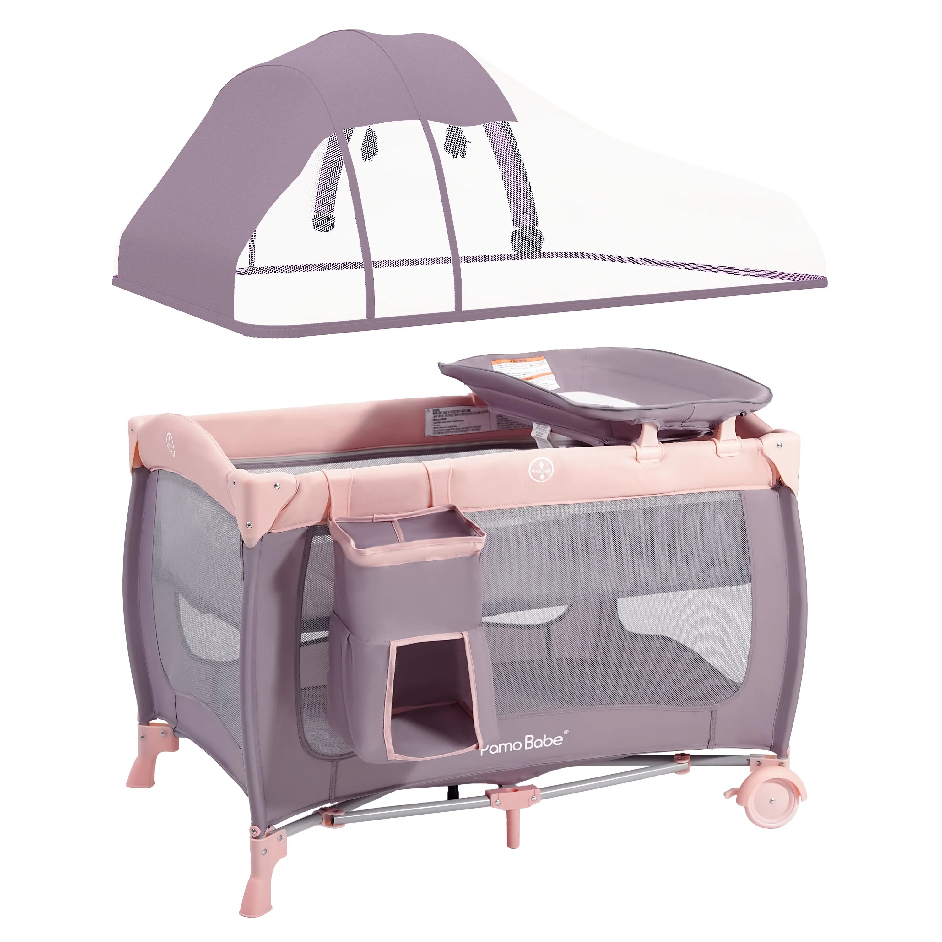 Baby Playard, Foldable Changing Table, Wheels, Canopy for Newborn, Four-Panels, two wheels with brakes at the bottom, folded crib and tak