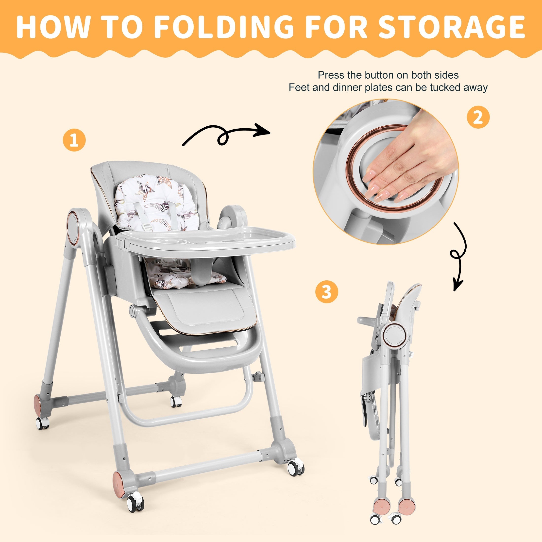 Baby High Chair, 3 Modes High Chair With Wheels, Adjustable Height, Recline & Footrest, With 6 Growing Stages From Infant To Toddler Seating, Lightweight Portable Baby High Chair, Convenient For Dining Time - Grey & Brown