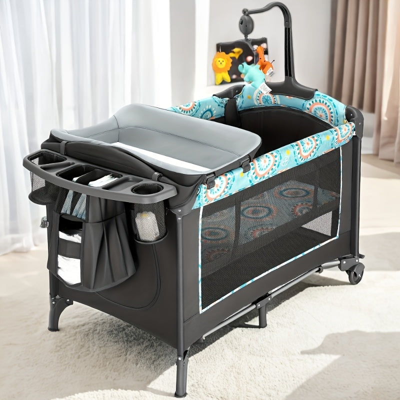 5-in-1 Portable Baby Cradle Side Bed with Removable Changing Table, Mattress, Storage Shelf, Music Player, and Three Height Settings, Providing A Spacious Playpen for Infants. Suitable As A Birthday Or Holiday Gift.