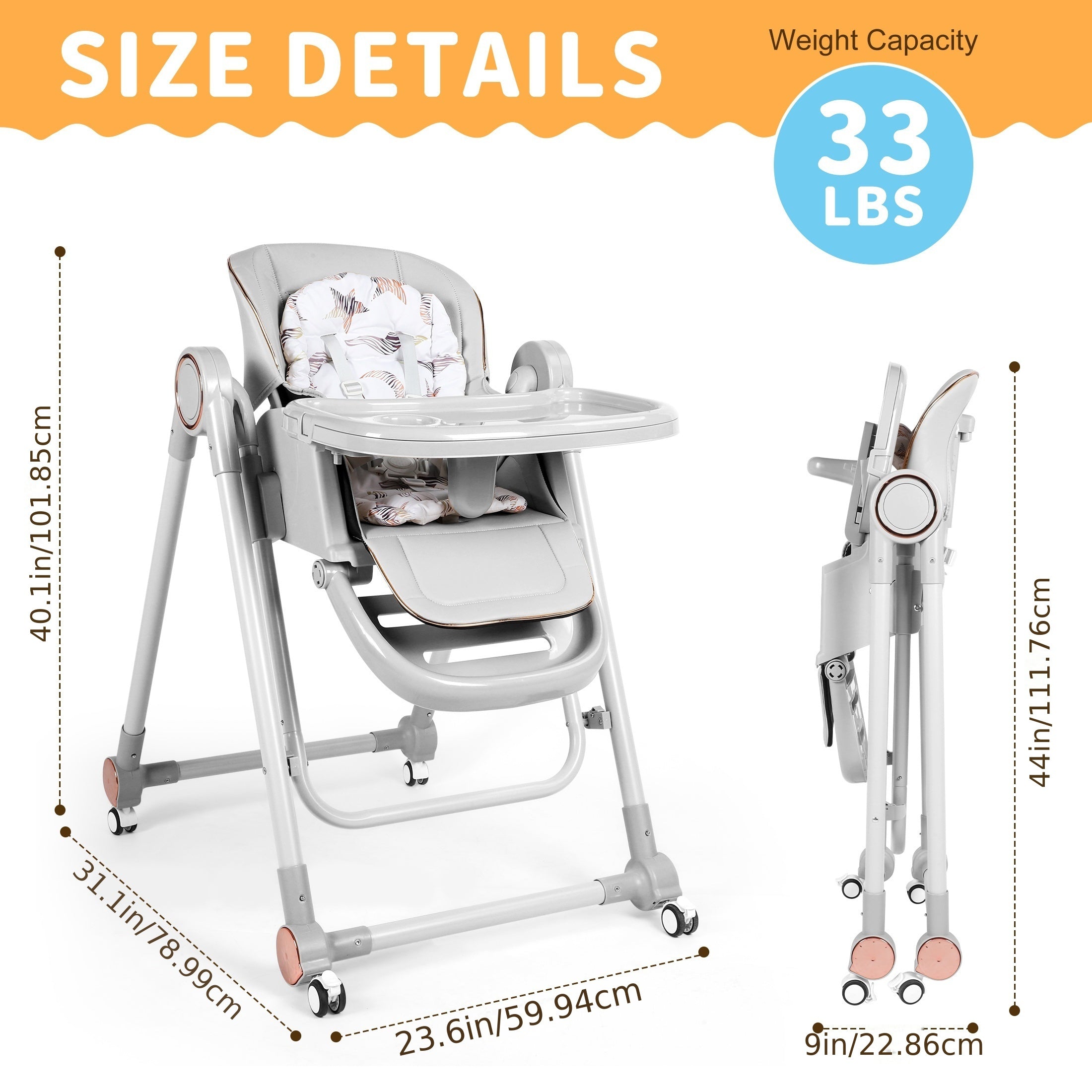 Baby High Chair, 3 Modes High Chair With Wheels, Adjustable Height, Recline & Footrest, With 6 Growing Stages From Infant To Toddler Seating, Lightweight Portable Baby High Chair, Convenient For Dining Time - Grey & Brown