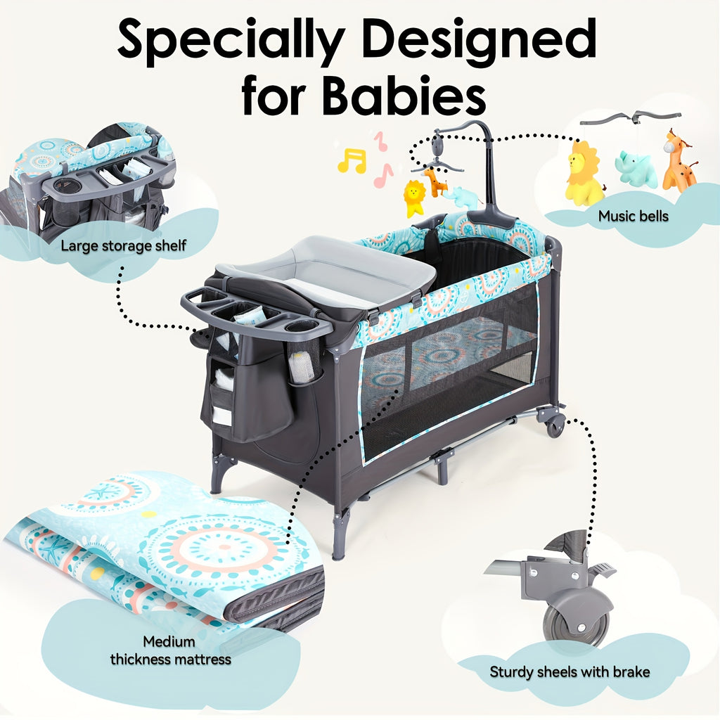 5-in-1 Portable Baby Cradle Side Bed with Removable Changing Table, Mattress, Storage Shelf, Music Player, and Three Height Settings, Providing A Spacious Playpen for Infants. Suitable As A Birthday Or Holiday Gift.