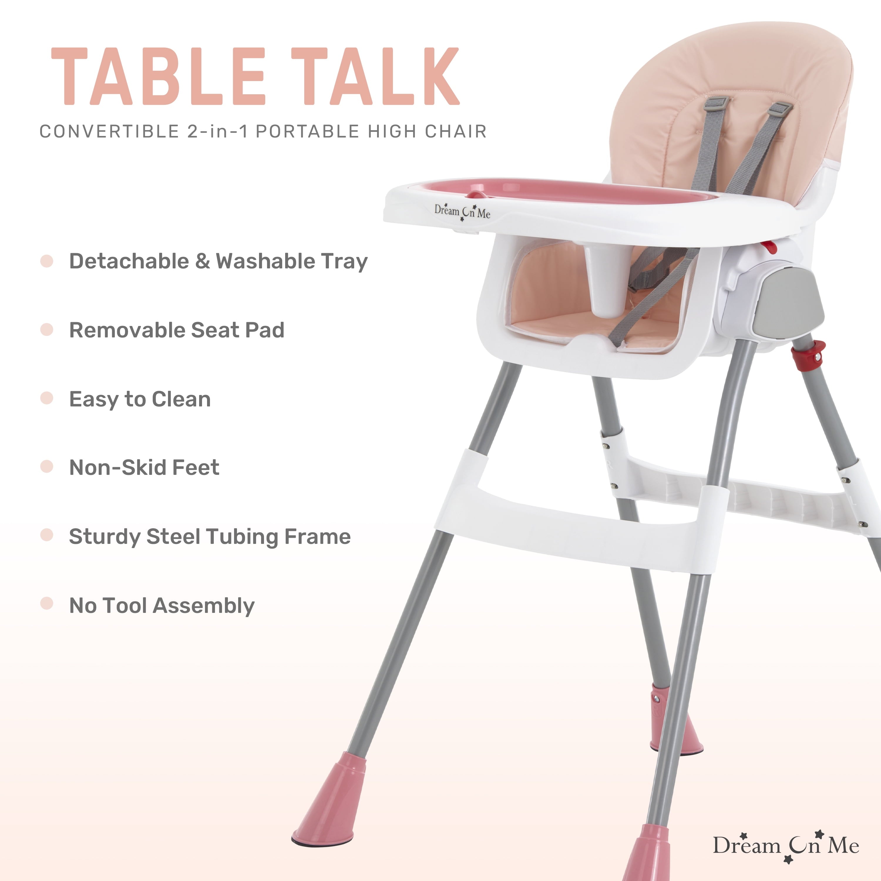 Portable 2in1 Table Talk Baby High Chair, Convertible, Compact and Light Weight, Pink
