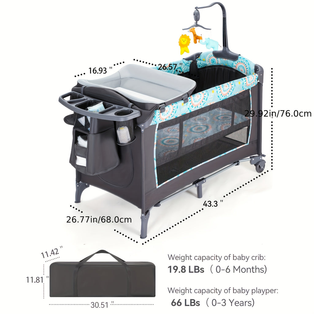 5-in-1 Portable Baby Cradle Side Bed with Removable Changing Table, Mattress, Storage Shelf, Music Player, and Three Height Settings, Providing A Spacious Playpen for Infants. Suitable As A Birthday Or Holiday Gift.