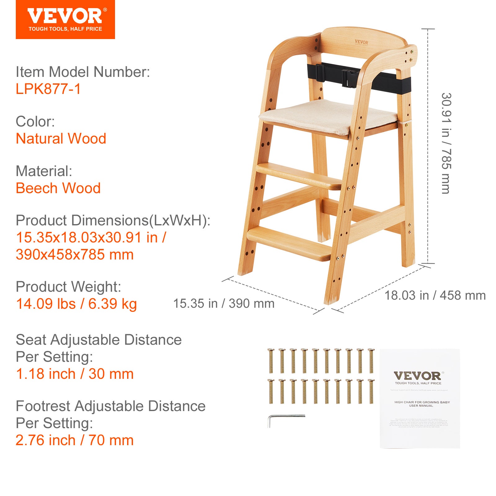 VEVOR Wooden High Chair for Babies & Toddlers, Convertible Adjustable Feeding Chair, Eat & Grow High Chair with Seat Cushion, Portable Baby Dining Booster Seat, Beech Wood Toddler Chair, Natural
