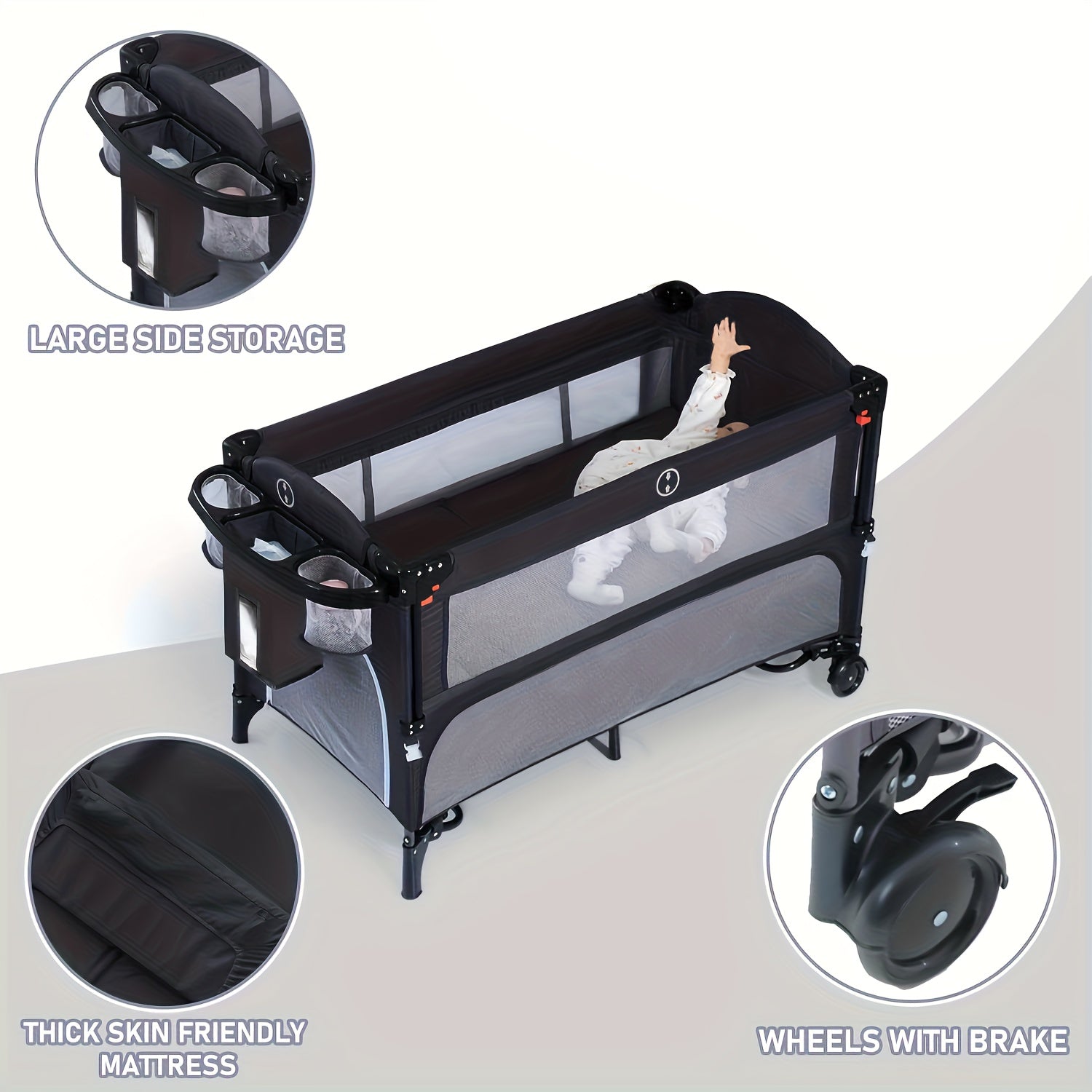 5 In 1 Baby Bassinet Bedside Sleeper, Pack And Play Bassinet With Diaper Changer - Black - For Newborns & Parents - Suitable for Nursery & Travel - Perfect Gift for Christmas & Halloween