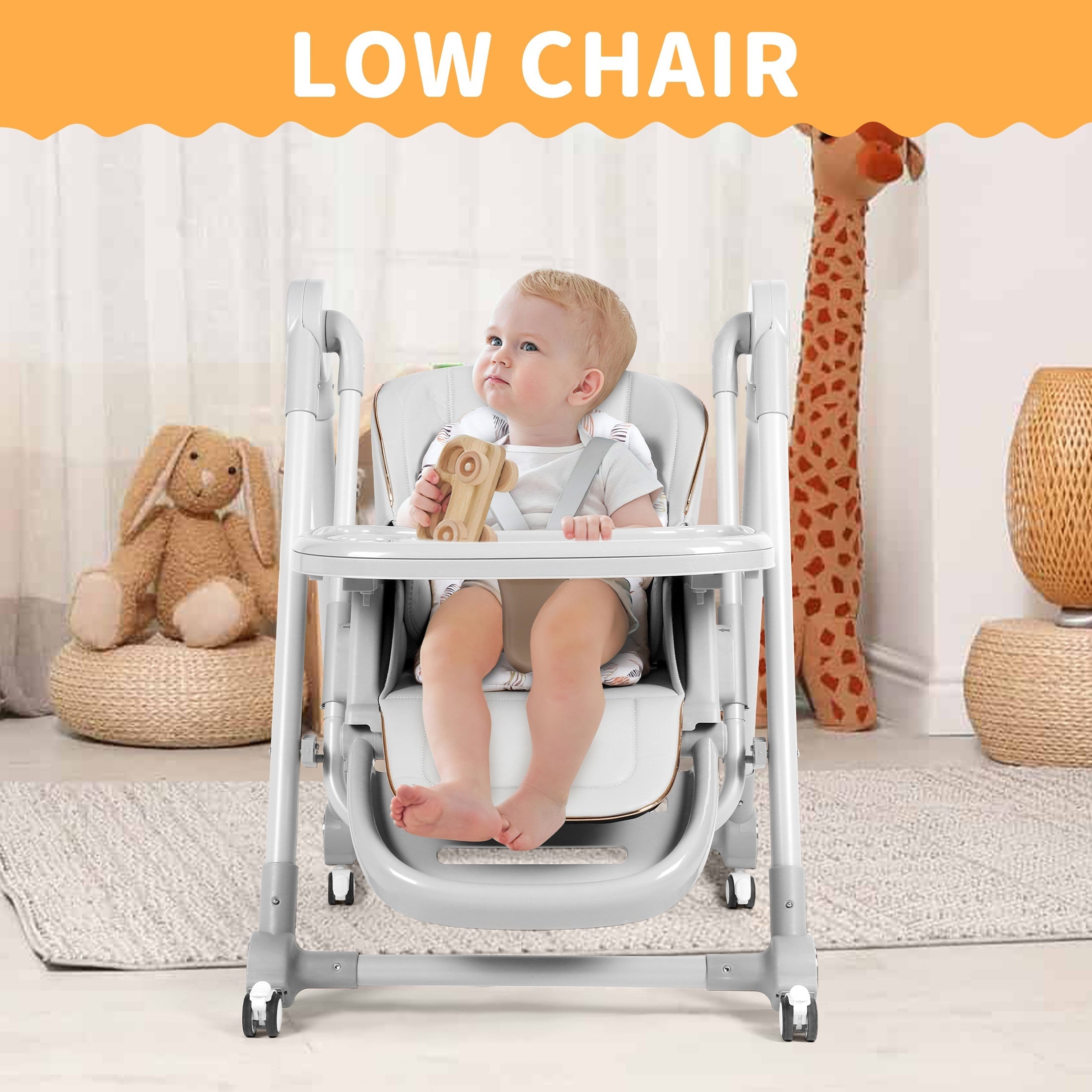Baby High Chair, 3 Modes High Chair With Wheels, Adjustable Height, Recline & Footrest, With 6 Growing Stages From Infant To Toddler Seating, Lightweight Portable Baby High Chair, Convenient For Dining Time - Grey & Brown