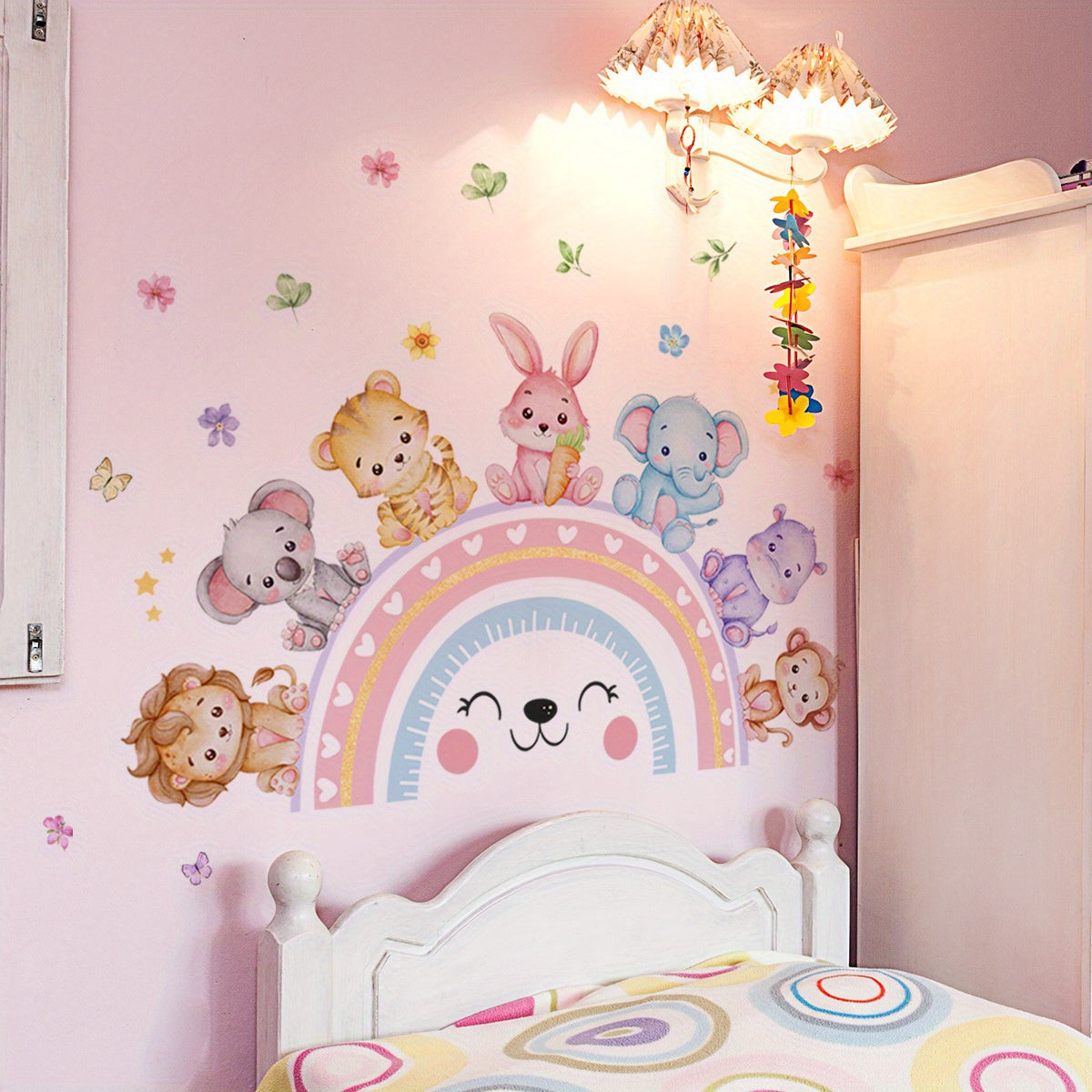 Self-Adhesive Wall Stickers Featuring Cartoon Animals Like a Baby Elephant, Rabbit, Rainbow, Flowers, And Butterflies for Home Decor.