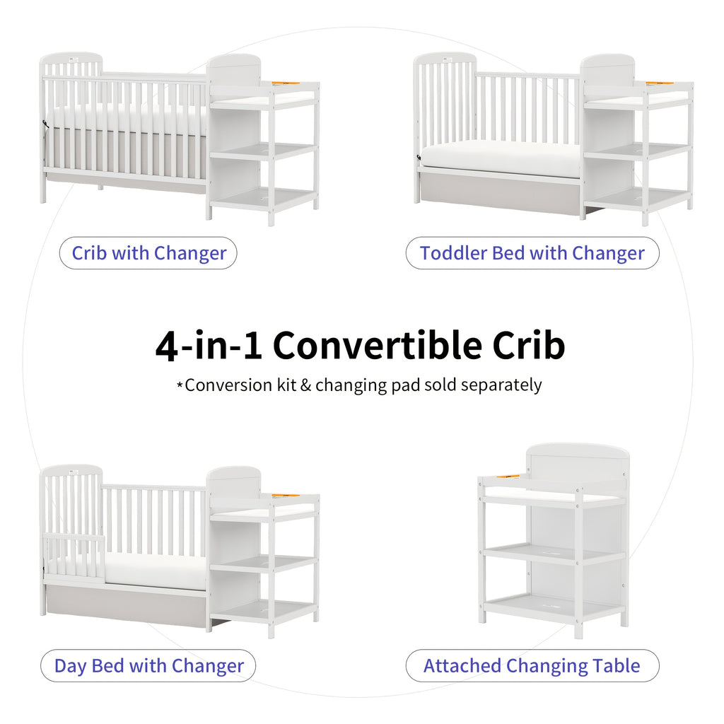 Goldzone Baby Crib, 3-in-1 Convertible Wood Full Size Cribs with Storage Changing Table Combo for Nursery Furniture Newborn Baby Essential Items, 3 Mattress Height Settings