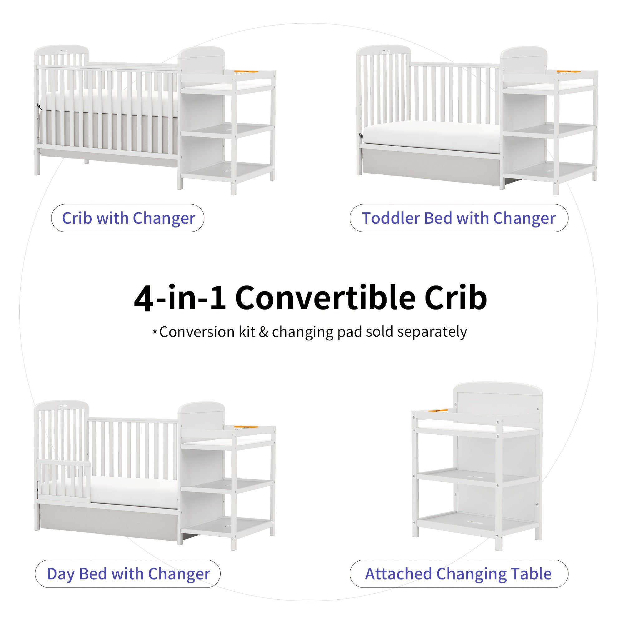 Goldzone Baby Crib, 3-in-1 Convertible Wood Full Size Cribs with Storage Changing Table Combo for Nursery Furniture Newborn Baby Essential Items, 3 Mattress Height Settings