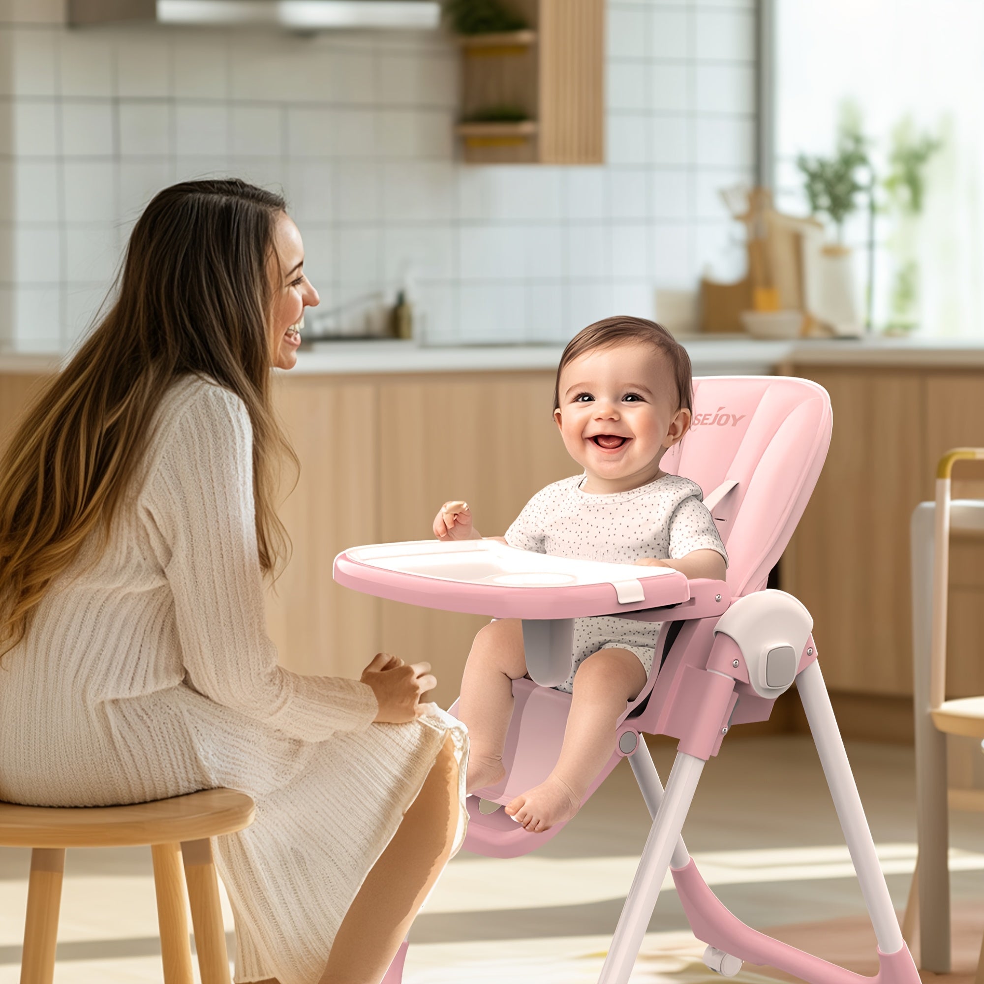 3-In-1 Foldable Baby High Chair with Removable Seat & Tray – Adjustable Height, Recline & Food Tray | Portable Booster Seat for Infants & Toddlers | Compact, Space-Saving Design with Wheels | Easy Storage | Pink