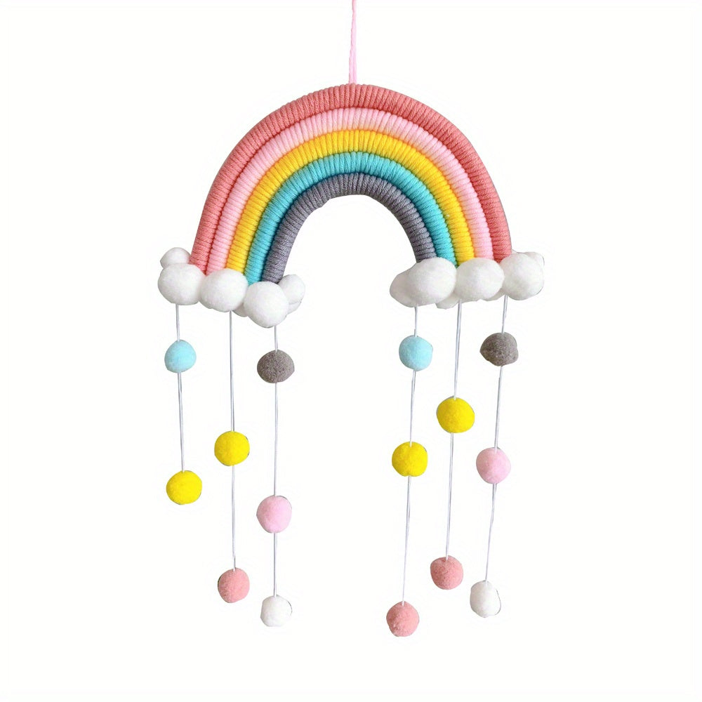 Colorful Macrame Rainbow Wall Decor, Handmade Polyester Wall Hanging Ornament with Pom Pom Tassels, Classic Style, No Feathers, Electricity-Free, Vibrant Gradient Design for Nursery, Youngsters Room, or Party Decoration, Hanging Decor