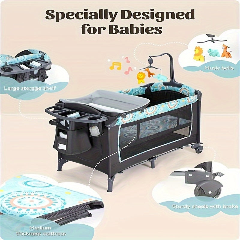 Modern Baby Crib Modern Blue CZ-BB01 Baby Crib with Detachable Changing Table | Pack & Play Portable Playard, 3 Adjustable Heights, Storage Basket & Music, Foldable Nursery Bed for Newborns