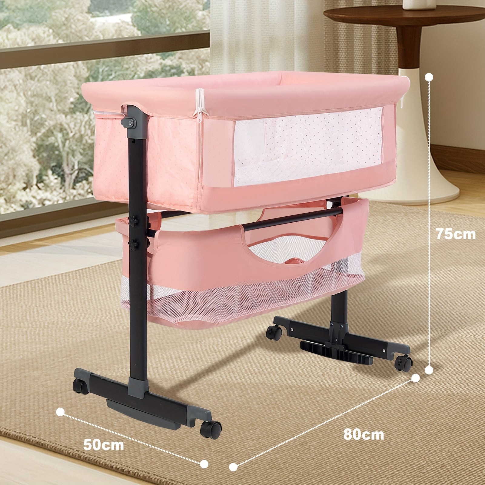 Newborn Necessities, Baby Shower Gifts, 3-in-1 Baby Bassinet Bedside Bed, Baby Headboard Bassinet with Wheels And Storage Basket, Full Mesh And Adjustable Height Headboard Crib Essential Items for Newborns 0-6 Months