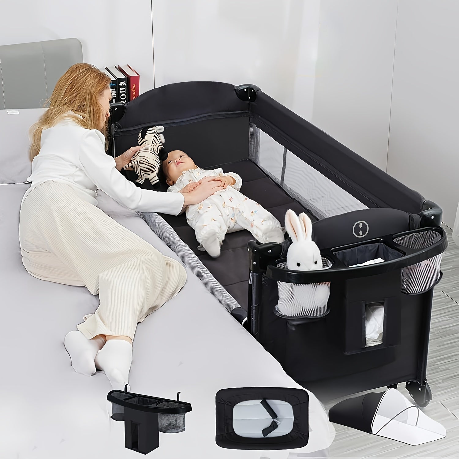 5 In 1 Baby Bassinet Bedside Sleeper, Pack And Play Bassinet With Diaper Changer - Black - For Newborns & Parents - Suitable for Nursery & Travel - Perfect Gift for Christmas & Halloween