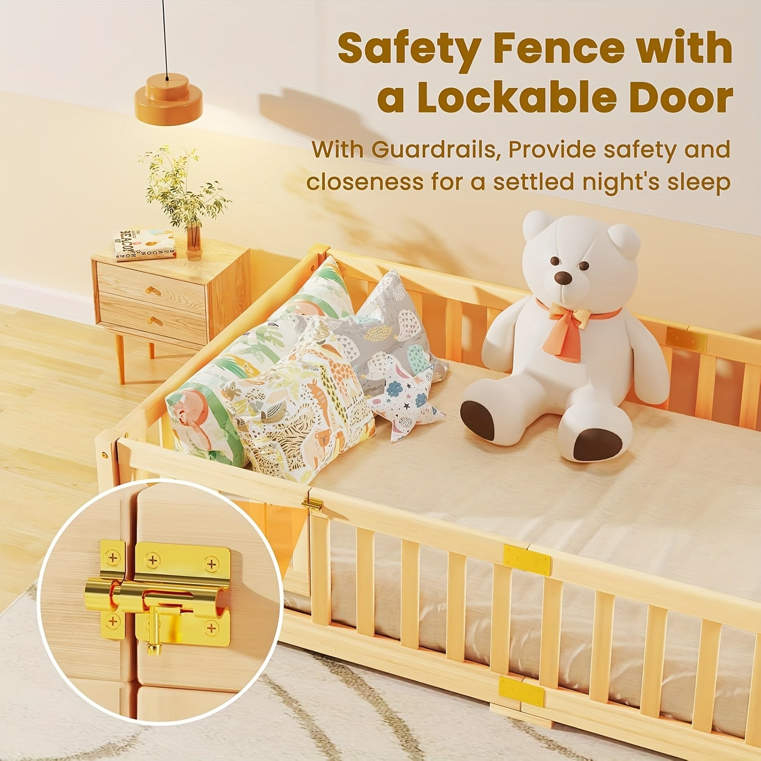 MOPHOTO Montessori Toddler Floor Bed With Safety Rails & Lockable Door - Full Size Kids Bed Frame For 1-3 Years Old, Natural Wood Child Bed For Safe Sleep & Independence Without Mattress