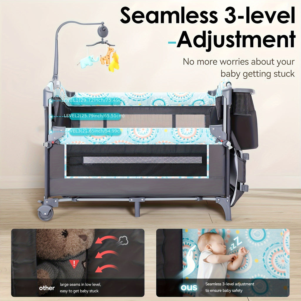 5-in-1 Portable Baby Cradle Side Bed with Removable Changing Table, Mattress, Storage Shelf, Music Player, and Three Height Settings, Providing A Spacious Playpen for Infants. Suitable As A Birthday Or Holiday Gift.