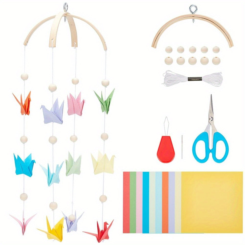 1set Colorful Paper Cranes Bed Mobile Kit - Handmade DIY Bedroom Decorations with 20+ Crane Designs, Vibrant Multicolor Paper Cranes for Nursery, Housewarming Gift, Nursery Decor, Whimsical Pendant Designs, Easy Assembly