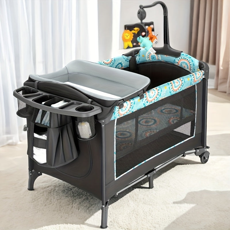 The 5-In-1 Portable Bassinet And Side Bed Features a Detachable Changing Table, Mattress, Storage Shelf, Music Player, And Three Height Settings, Providing a Spacious Playpen for Your Baby. Makes a Great Birthday Or Holiday Gift.