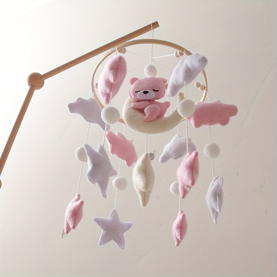 Handmade Felt Mobile Soft Plush Handmade Felt Mobile with Pink Bear & Clouds | White Beads & Stars, Lightweight & Durable Nursery Decor | Ideal for Baby Crib, Stroller, Safe Infant Toy, Playful Design