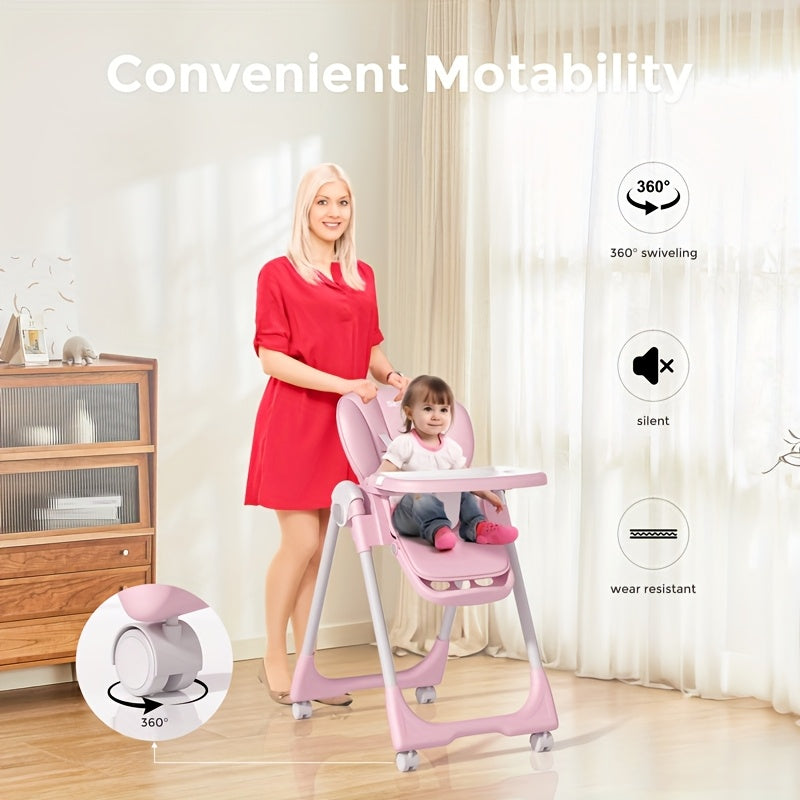 3-In-1 Foldable Baby High Chair with Removable Seat & Tray – Adjustable Height, Recline & Food Tray | Portable Booster Seat for Infants & Toddlers | Compact, Space-Saving Design with Wheels | Easy Storage | Pink