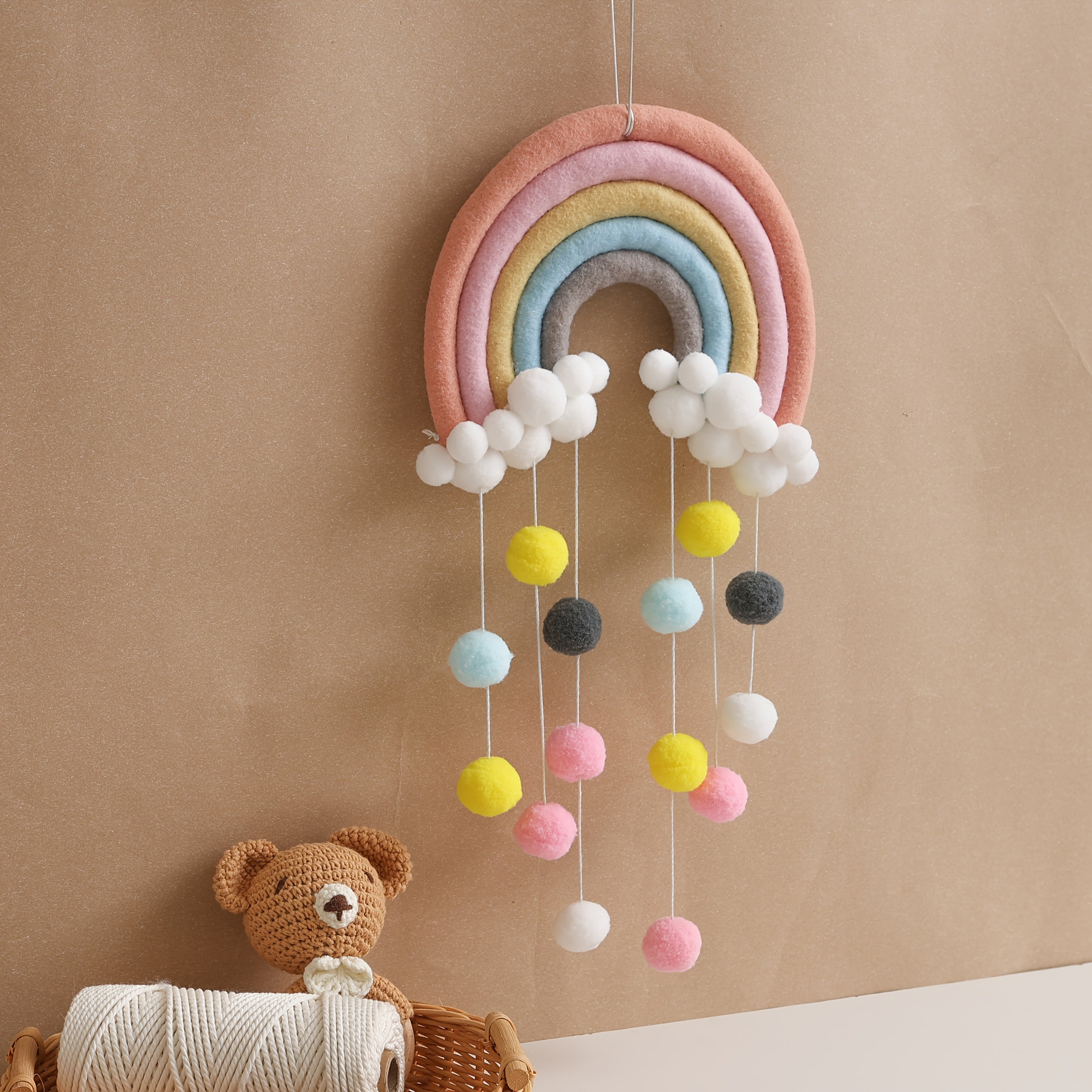 Nordic Style Hanging Decor: Soft Rainbow Pom Poms & Playful Clouds - Ideal Festive Gift, Teacher's Classroom, Baby Nursery & Kids Room Wall Decoration