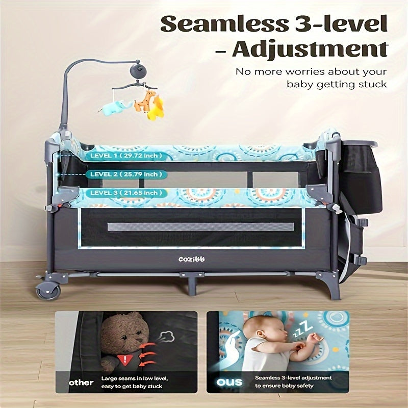 Rengue CZ-BB01 Multifunctional Folding Bed - Modern Blue Nursery Furniture with Safety Straps, High-Quality Material & Easy Assembly, Portable & Stable Design for Toddlers, Crib for, Nursery Decor, Crib, Elegant Nursery Decor, Easyclean Material, Rengue